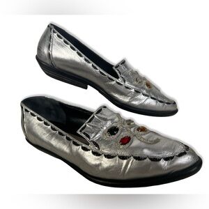 Vtg Casadei Silver Metallic Leather Loafers Womens Size 5 35.5 Gemstones Pointed